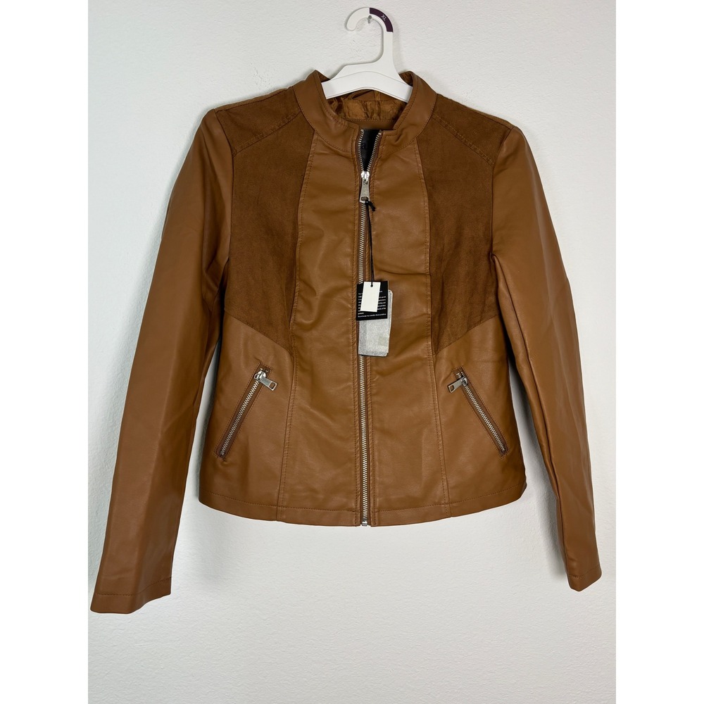 Cavalini Womens Faux Leather Suede Moto Jacket Cognac Brown Zip Up Small NEW